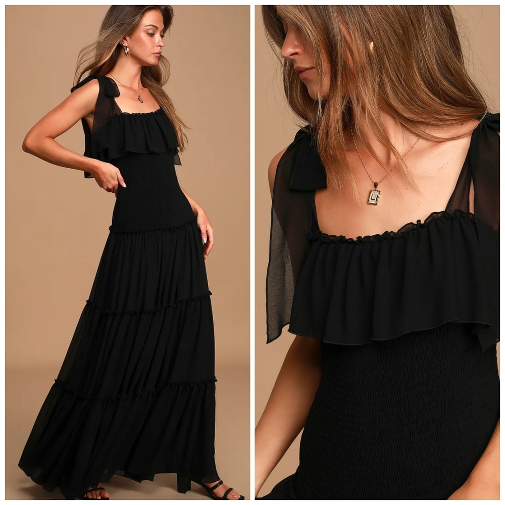 Lulu's Like A Fairy Tale Black Smocked Tiered Maxi Dress